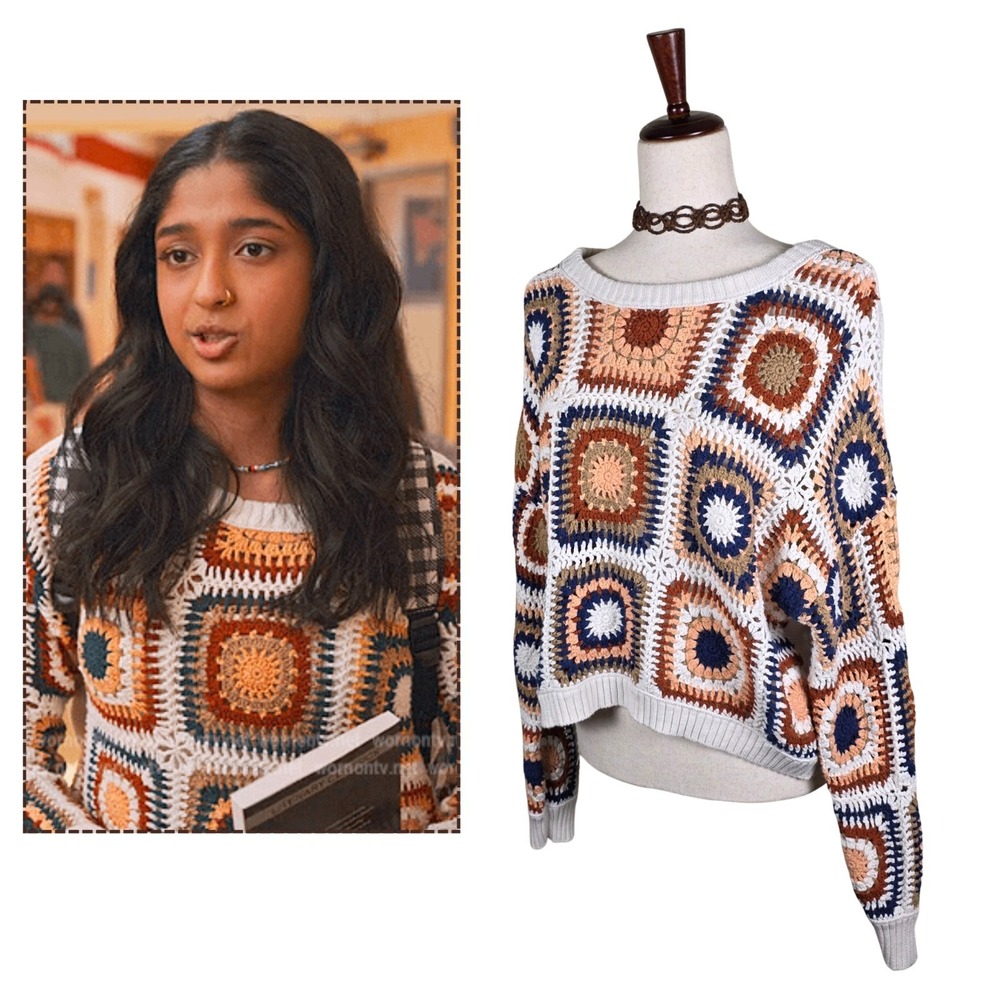 American Eagle Granny Square Sweater Patchwork Size LG Boho Crochet‎ Colorful